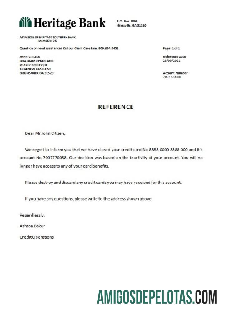 Referência de fechamento do USA Heritage Bank exemplo